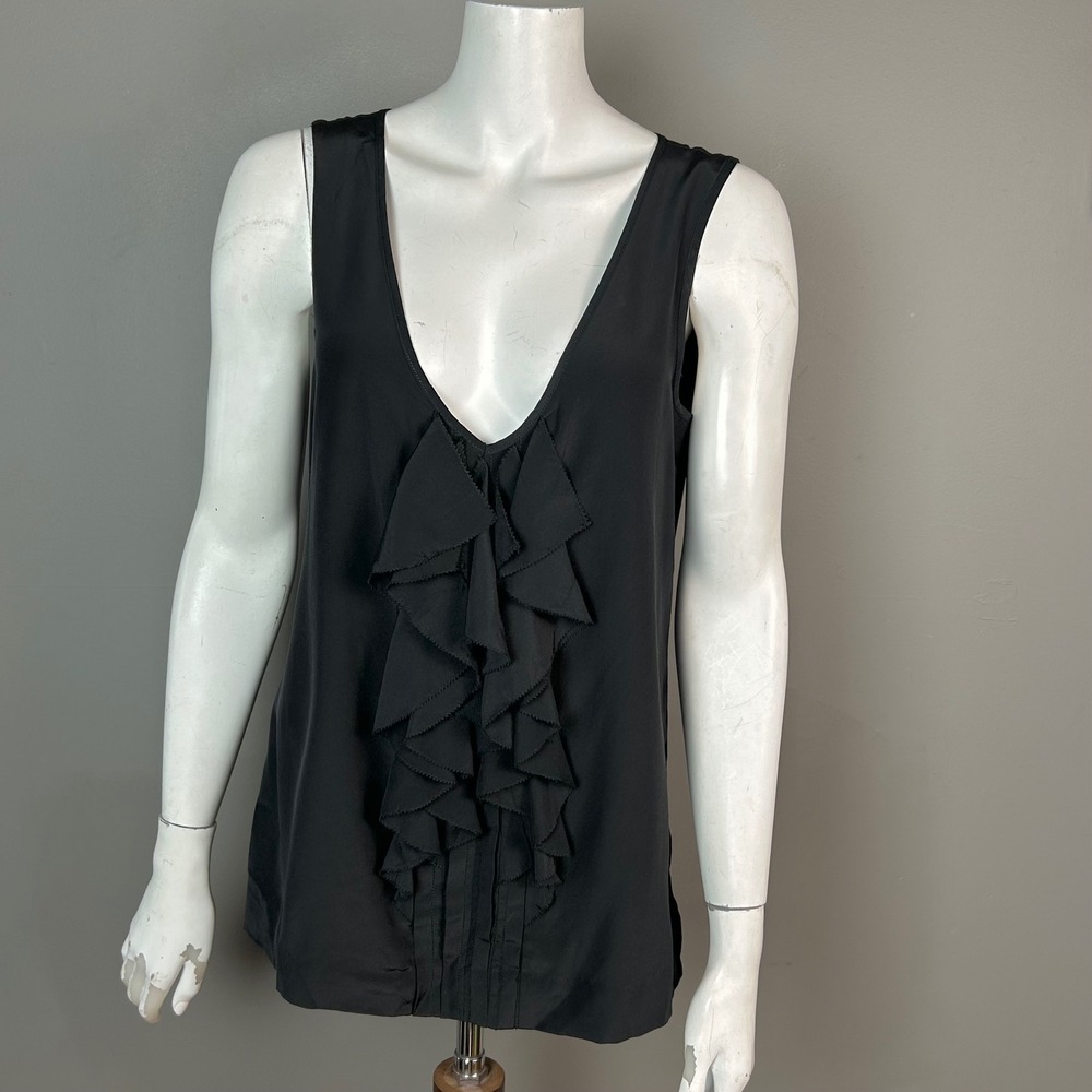 Tory Burch Top Shell Size 8 Black 100% Silk Ruffle Office layering sleeveless